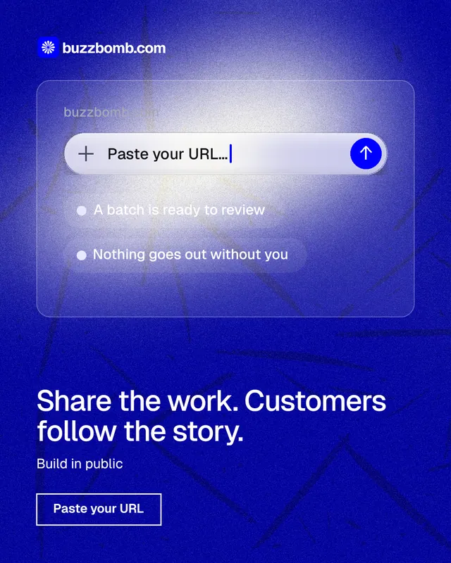 Instagram portrait post for BuzzBomb: "Share the work. Customers follow the story." Cyanotype style, bottom layout, dark palette in blue.