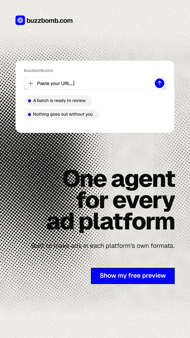 Instagram story for BuzzBomb: "One agent for every ad platform". Ink sticker style, right layout, light palette in white, grey.