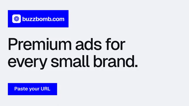 Landscape graphic for BuzzBomb: "Premium ads for every small brand." Swiss style, announce layout, light palette in white, blue.