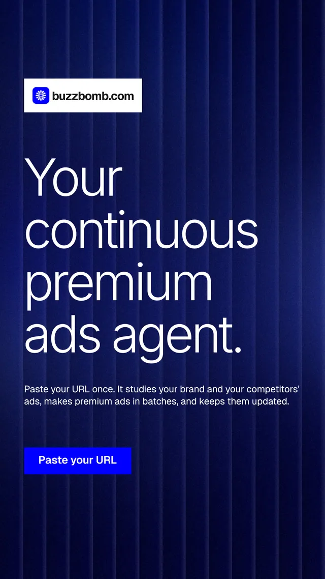 Instagram story for BuzzBomb: "Your continuous premium ads agent." Swiss style, announce layout, dark palette in black, blue, grey.