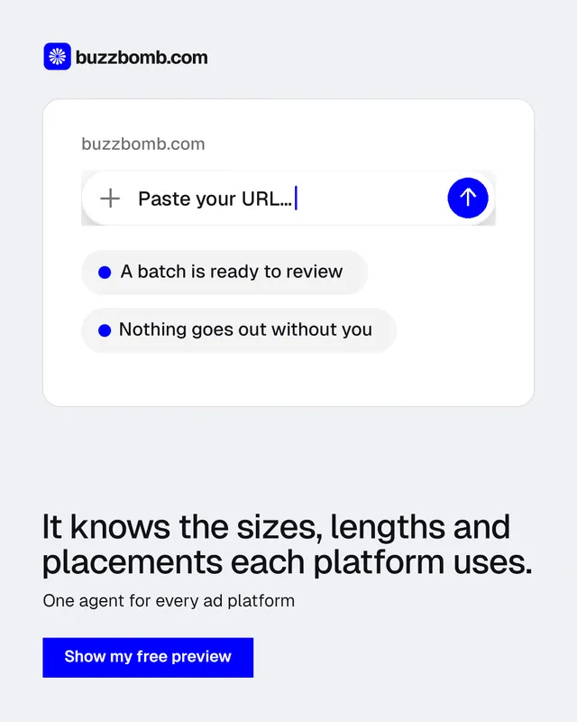 Instagram portrait post for BuzzBomb: "It knows the sizes, lengths and placements each platform uses." Swiss style, bottom layout, light palette in white, blue.