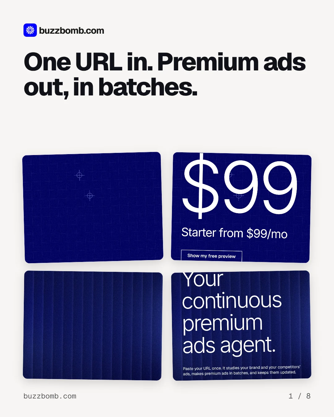 Carousel for BuzzBomb: "One URL in. Premium ads out, in batches.". Collection carousel, 8 slides, light palette.