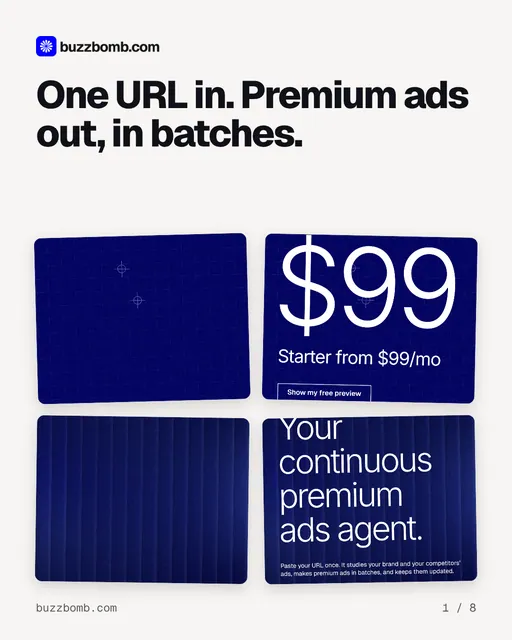 Carousel for BuzzBomb: "One URL in. Premium ads out, in batches.". Collection carousel, 8 slides, light palette.