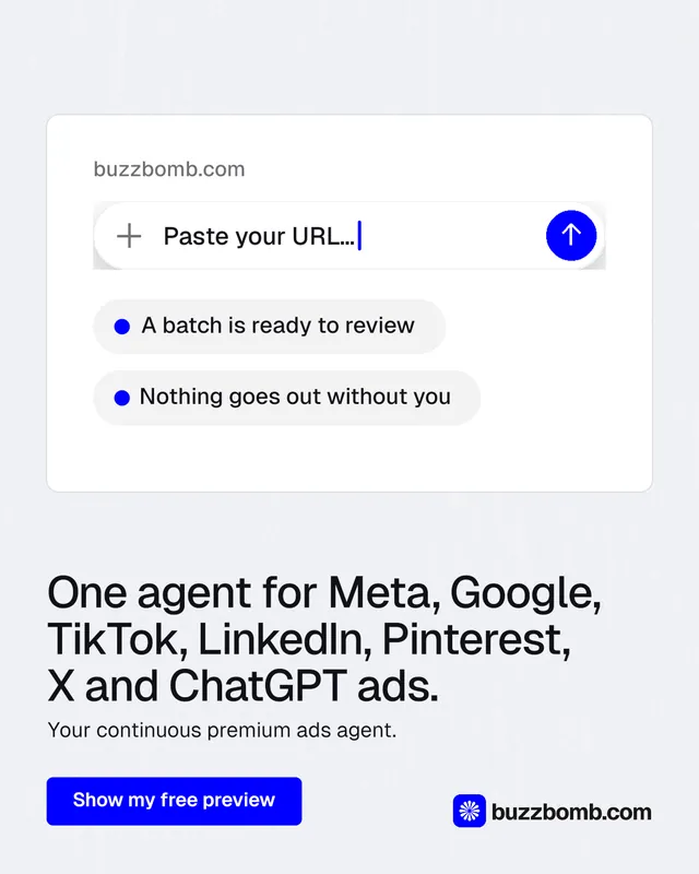 Instagram portrait post for BuzzBomb: "One agent for Meta, Google, TikTok, LinkedIn, Pinterest, X and ChatGPT ads." Data card style, bottom layout, light palette in white, blue.