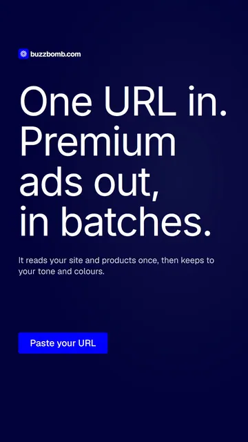 Video for BuzzBomb: "One URL in. Premium ads out, in batches.". Doc motion loop, 7.0 s, dark palette.
