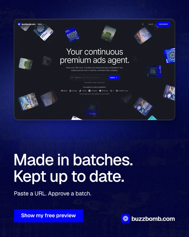 Instagram portrait post for BuzzBomb: "Made in batches. Kept up to date." Swiss style, bottom layout, dark palette in blue, black.
