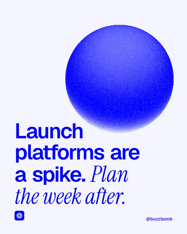 Instagram portrait post for BuzzBomb: "Launch platforms are a spike. Plan the week after." Auto 4x5 style, technique:shader field layout, light palette in white, blue.