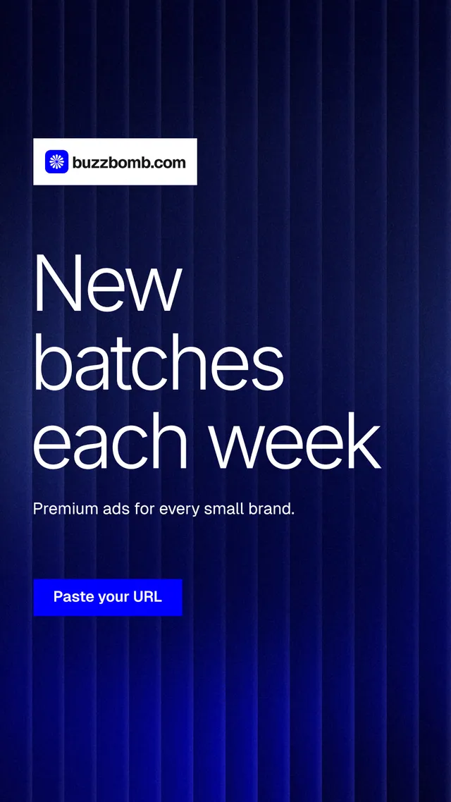 Instagram story for BuzzBomb: "New batches each week". Swiss style, announce layout, dark palette in blue, black, grey.