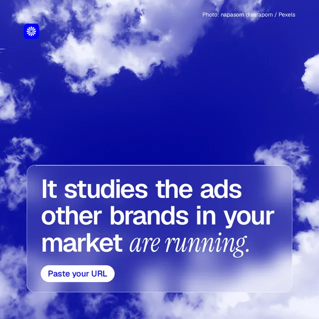 Instagram post for BuzzBomb: "It studies the ads other brands in your market are running." Glass style, technique:pexels ingredient layout, dark palette in blue.