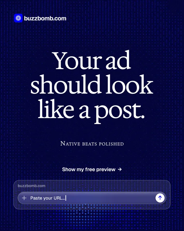 Instagram portrait post for BuzzBomb: "Your ad should look like a post." Swiss style, smallcaps layout, dark palette in black, blue, grey.
