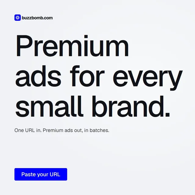 Video for BuzzBomb: "Premium ads for every small brand.". Doc motion loop, 6.0 s, light palette.