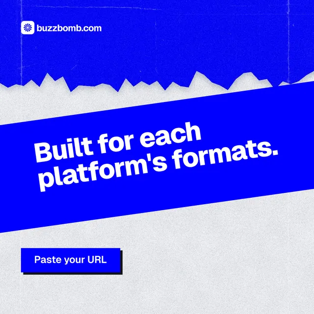 Instagram post for BuzzBomb: "Built for each platform's formats." Paper trio style, diagonal layout, dark palette in blue, white.
