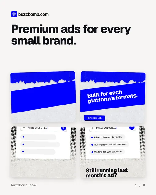 Carousel for BuzzBomb: "Premium ads for every small brand.". Collection carousel, 8 slides, light palette.