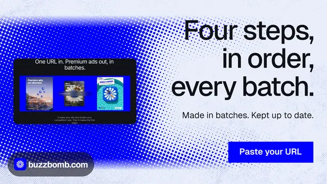 Landscape graphic for BuzzBomb: "Four steps, in order, every batch." Swiss style, right layout, light palette in blue, white.