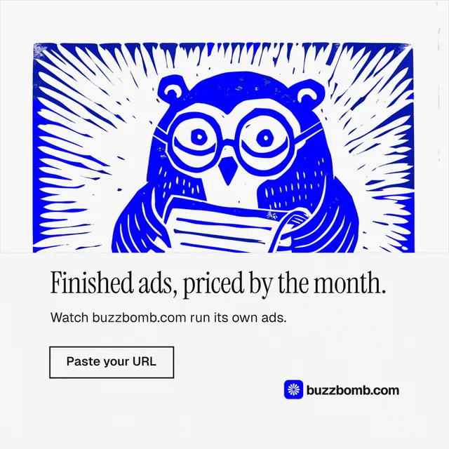 Instagram post for BuzzBomb: "Finished ads, priced by the month." Editorial style, bottom layout, light palette in white, blue.
