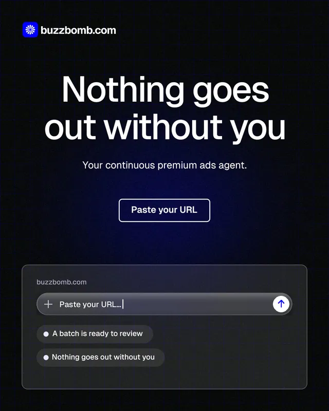 Instagram portrait post for BuzzBomb: "Nothing goes out without you". Phosphor atlas style, centred layout, dark palette in black, grey.