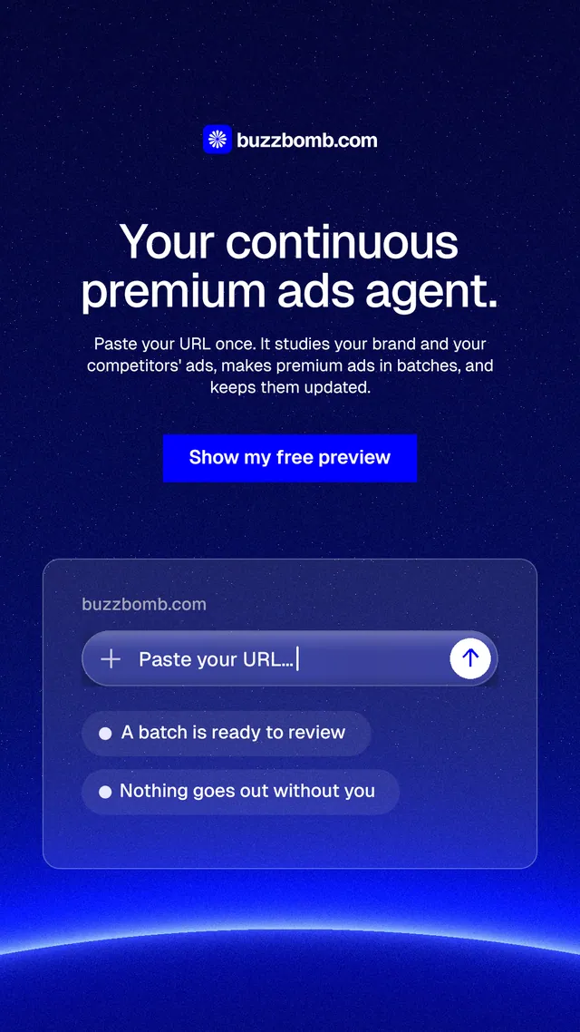 Instagram story for BuzzBomb: "Your continuous premium ads agent." Swiss style, centred layout, dark palette in blue.