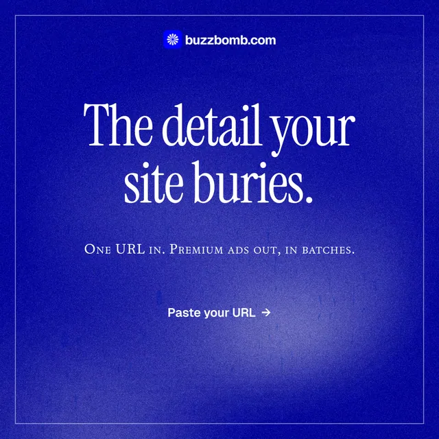 Instagram post for BuzzBomb: "The detail your site buries." Editorial style, smallcaps layout, dark palette in blue.
