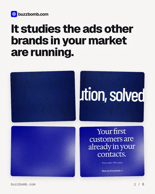 Carousel for BuzzBomb: "It studies the ads other brands in your market are running.". Collection carousel, 8 slides, light palette.