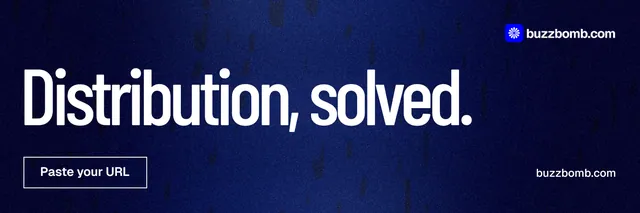 X header for BuzzBomb: "Distribution, solved." Dark deco style, poster layout, dark palette in black, blue, grey.