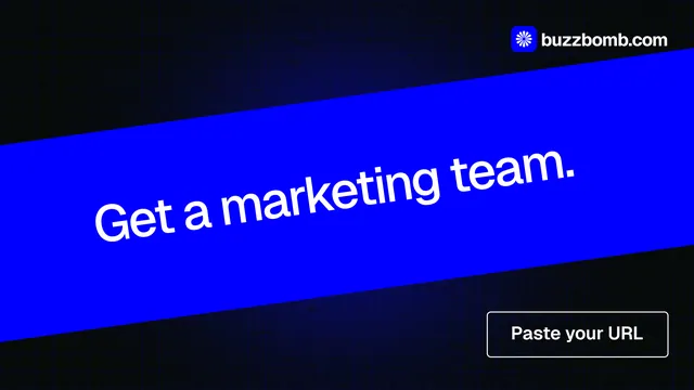 Landscape graphic for BuzzBomb: "Get a marketing team." Phosphor atlas style, diagonal layout, dark palette in black, blue.