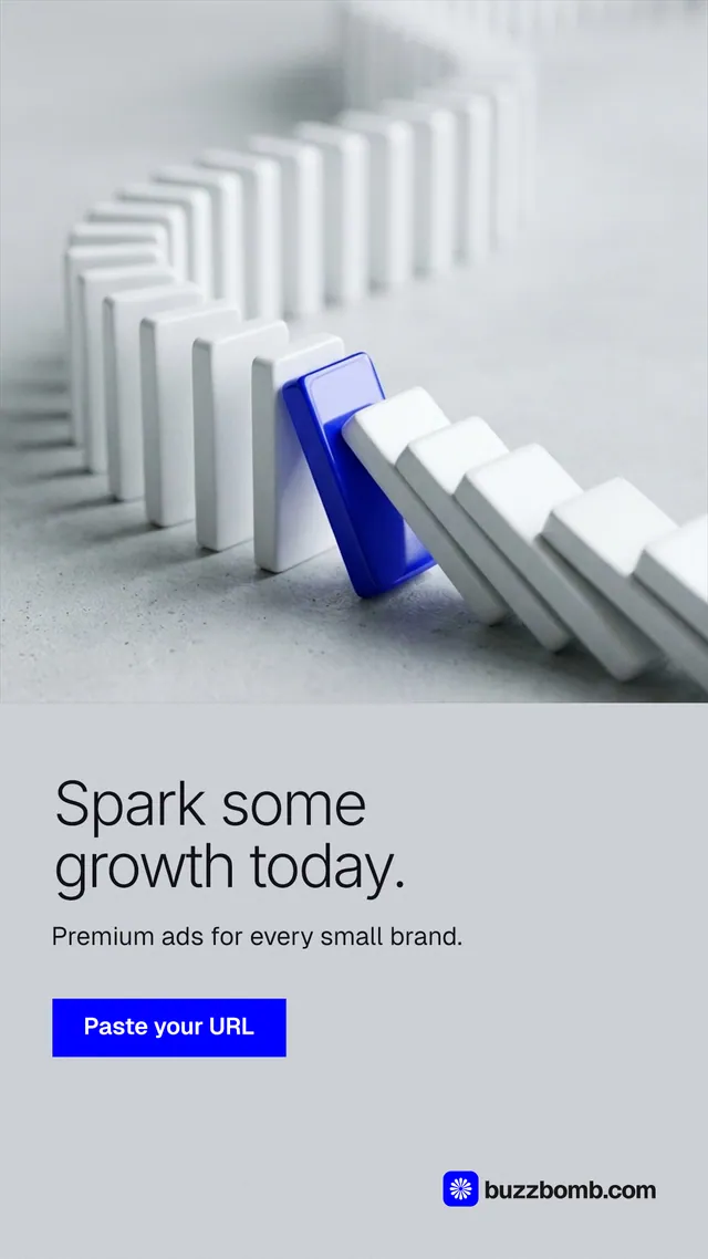 Instagram story for BuzzBomb: "Spark some growth today." Swiss style, bottom layout, light palette in white, grey.