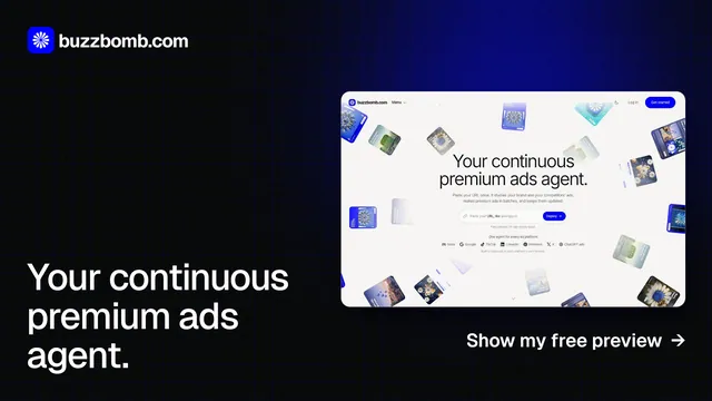Landscape graphic for BuzzBomb: "Your continuous premium ads agent." Phosphor atlas style, image led layout, dark palette in black, white, grey.