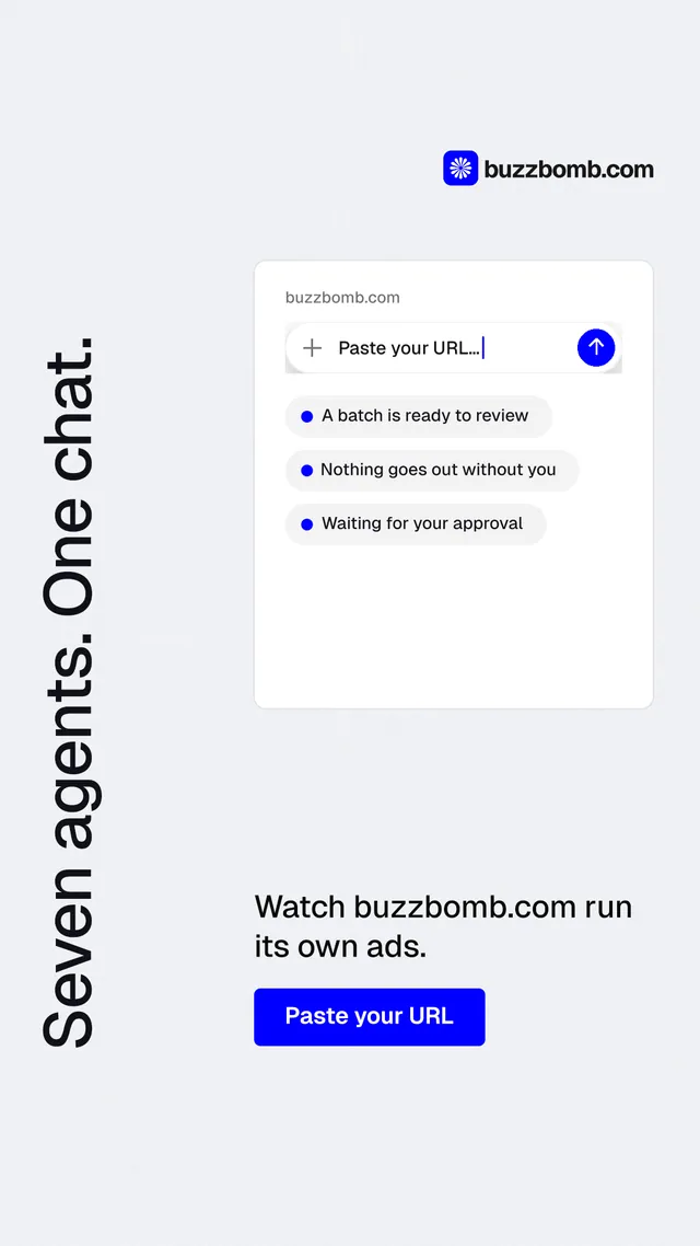 Instagram story for BuzzBomb: "Seven agents. One chat." Data card style, vertical layout, light palette in white, blue.