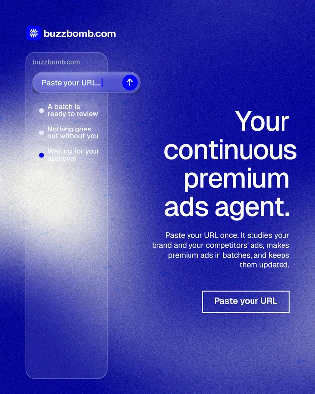 Instagram portrait post for BuzzBomb: "Your continuous premium ads agent." Cyanotype style, right layout, dark palette in blue.