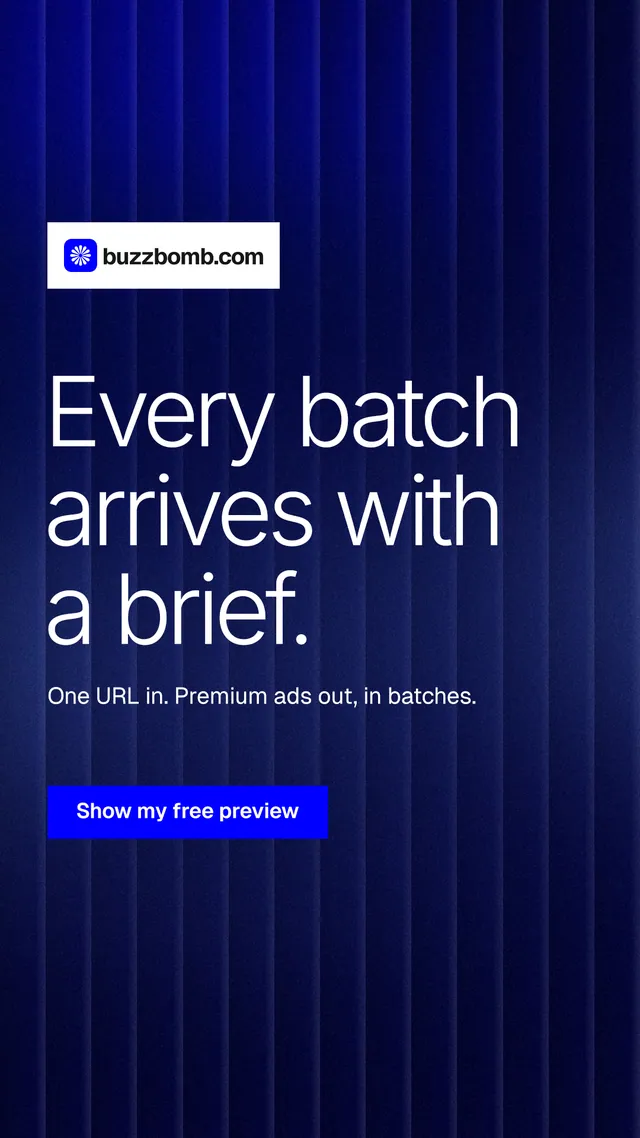 Instagram story for BuzzBomb: "Every batch arrives with a brief." Swiss style, announce layout, dark palette in black, blue.