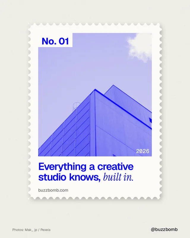 Instagram portrait post for BuzzBomb: "Everything a creative studio knows, built in." Single style, technique:stamp series layout, light palette in yellow, blue, white.