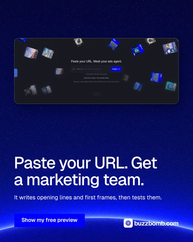 Instagram portrait post for BuzzBomb: "Paste your URL. Get a marketing team." Swiss style, bottom layout, dark palette in blue.