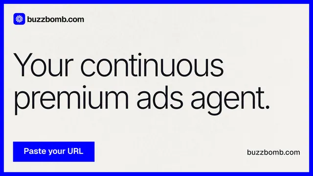 Landscape graphic for BuzzBomb: "Your continuous premium ads agent." Swiss style, poster layout, light palette in white, blue.