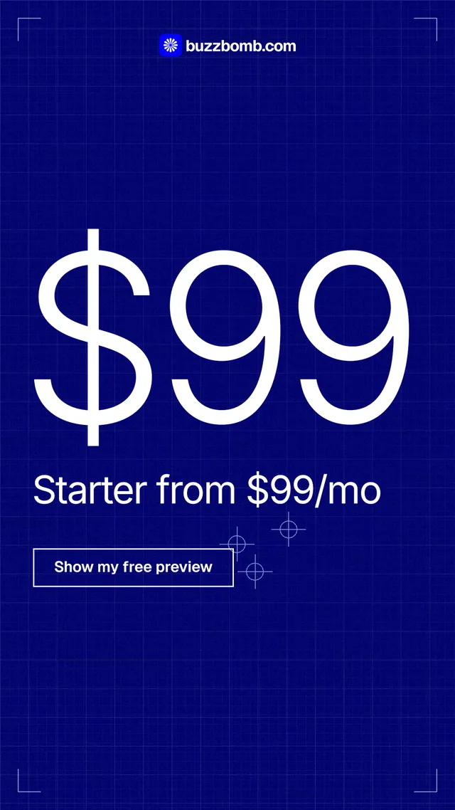 Instagram story for BuzzBomb: "Your product, in the first second." Blueprint style, stat layout, dark palette in blue.