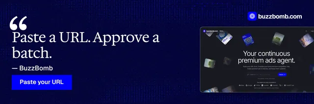 X header for BuzzBomb: "Paste a URL. Approve a batch." Swiss style, quote layout, dark palette in blue, grey.