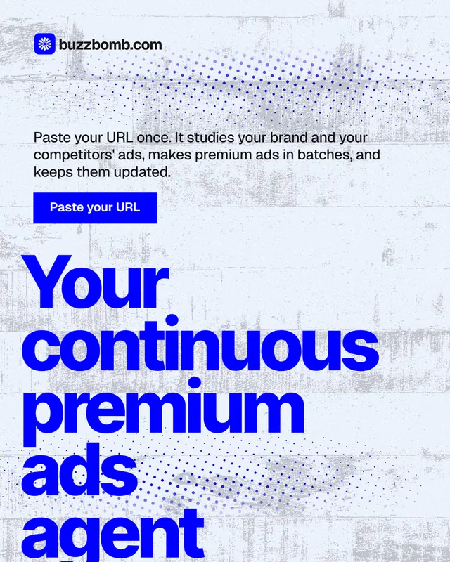 Instagram portrait post for BuzzBomb: "Your continuous premium ads agent." Swiss style, oversized layout, light palette in blue, white.