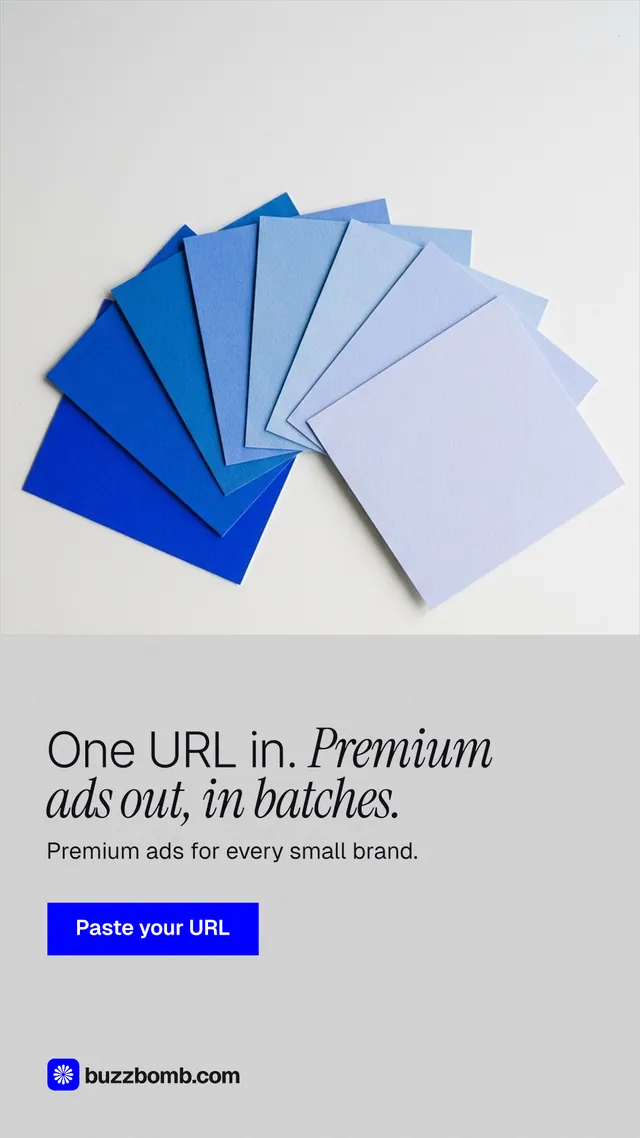 Instagram story for BuzzBomb: "One URL in. Premium ads out, in batches." Swiss style, bottom layout, light palette in white, blue.