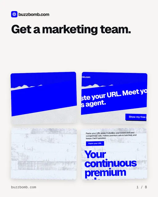 Carousel for BuzzBomb: "Get a marketing team.". Collection carousel, 8 slides, light palette.