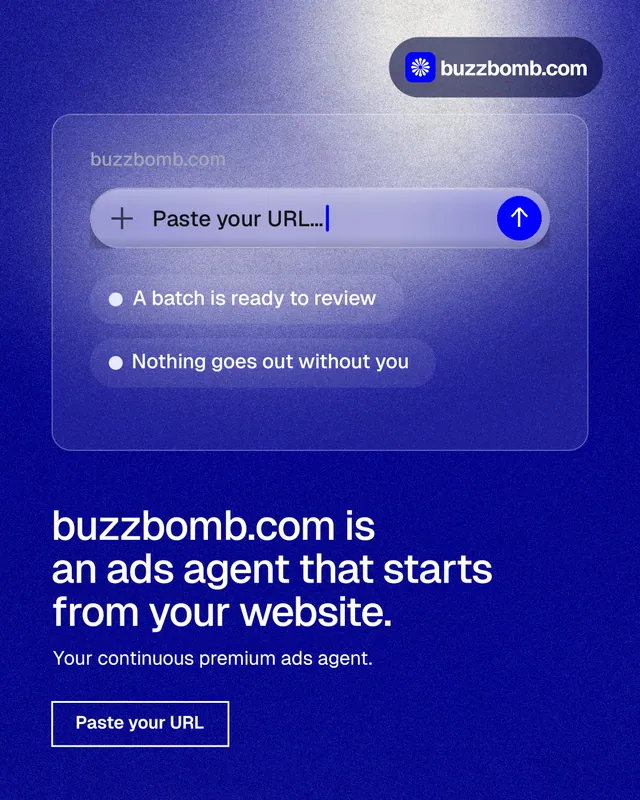 Instagram portrait post for BuzzBomb: "buzzbomb.com is an ads agent that starts from your website." Cyanotype style, bottom layout, dark palette in blue.