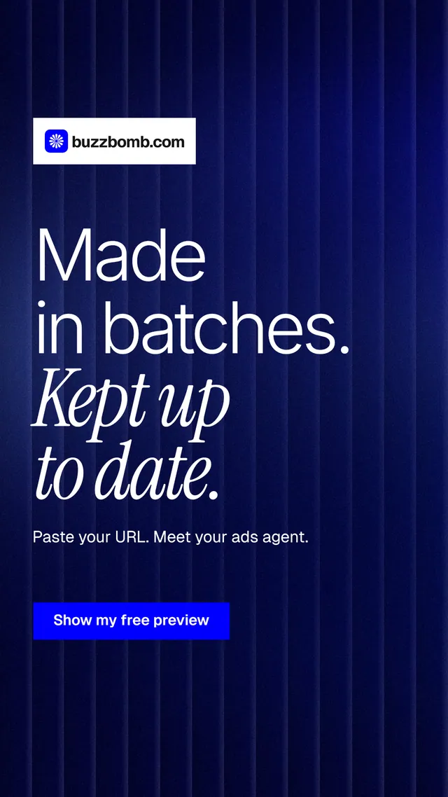 Instagram story for BuzzBomb: "Made in batches. Kept up to date." Swiss style, announce layout, dark palette in black, blue, grey.