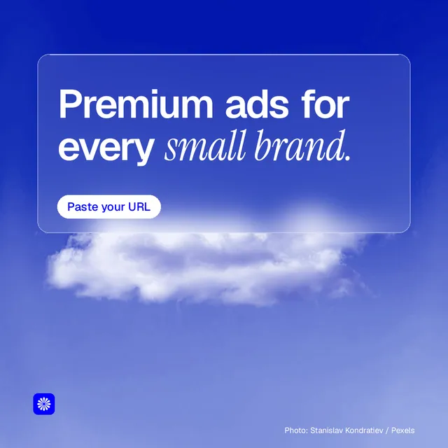 Instagram post for BuzzBomb: "Premium ads for every small brand." Glass style, technique:pexels ingredient layout, light palette in blue.