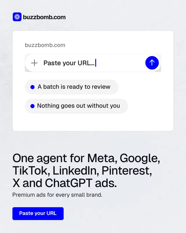 Instagram portrait post for BuzzBomb: "One agent for Meta, Google, TikTok, LinkedIn, Pinterest, X and ChatGPT ads." Data card style, bottom layout, light palette in white, blue.