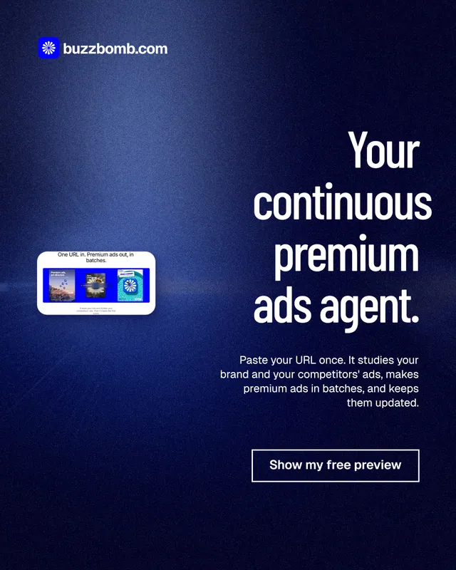 Instagram portrait post for BuzzBomb: "Your continuous premium ads agent." Dark deco style, right layout, dark palette in blue, black.