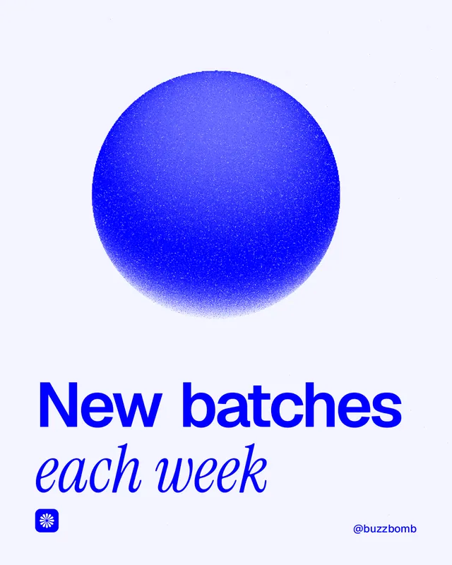 Instagram portrait post for BuzzBomb: "New batches each week". Auto 4x5 style, technique:shader field layout, light palette in white, blue.