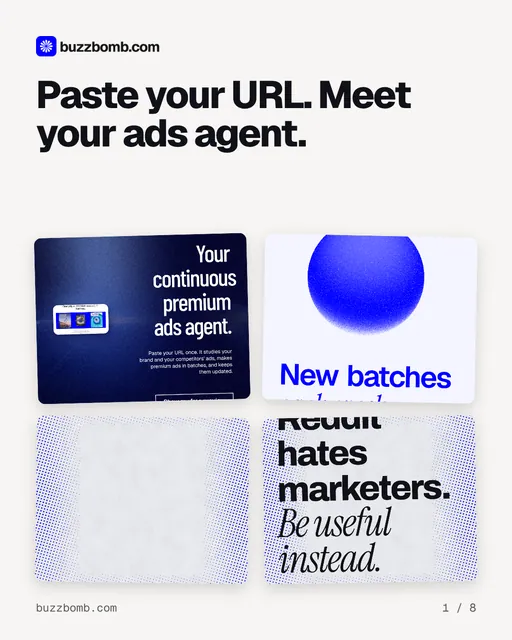 Carousel for BuzzBomb: "Paste your URL. Meet your ads agent.". Collection carousel, 8 slides, light palette.