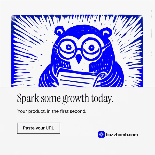 Instagram post for BuzzBomb: "Spark some growth today." Editorial style, bottom layout, light palette in white, blue.