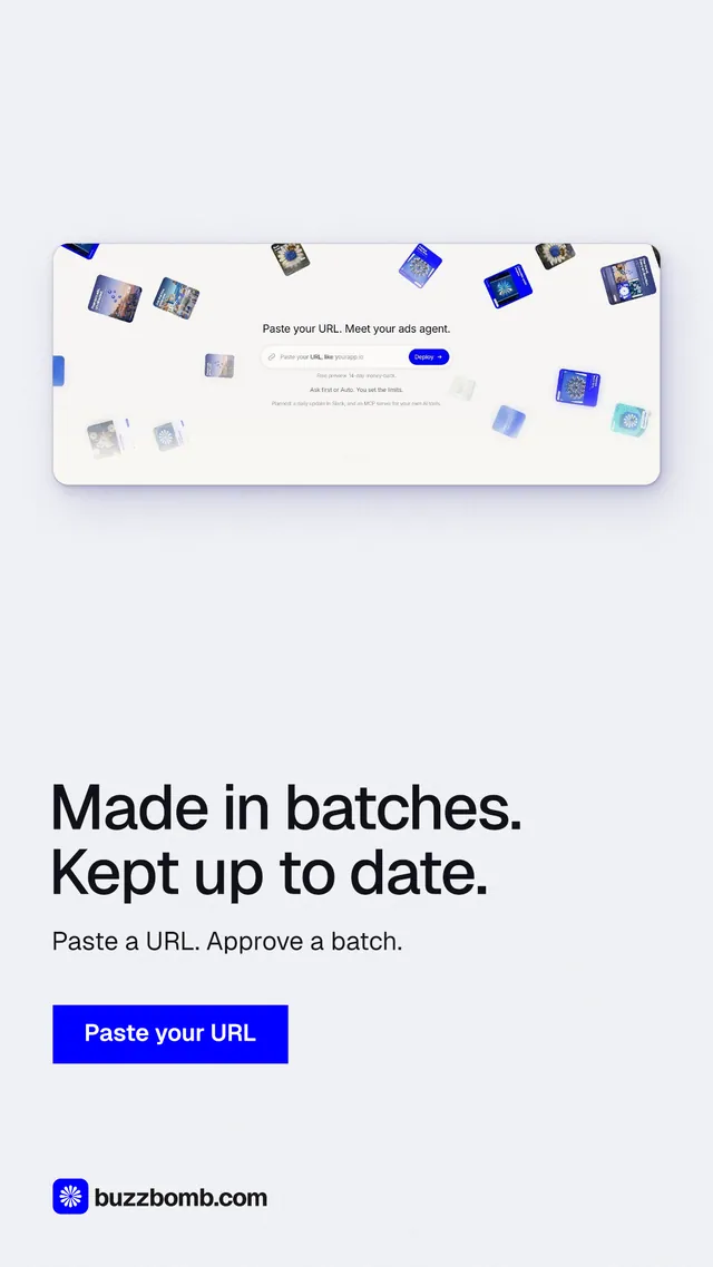 Instagram story for BuzzBomb: "Made in batches. Kept up to date." Swiss style, bottom layout, light palette in white, blue.