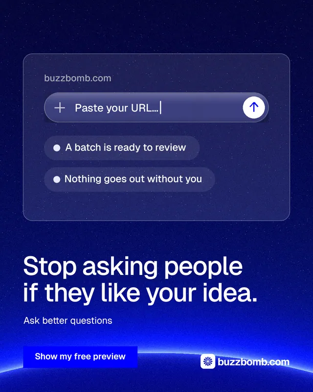 Instagram portrait post for BuzzBomb: "Stop asking people if they like your idea." Swiss style, bottom layout, dark palette in blue.