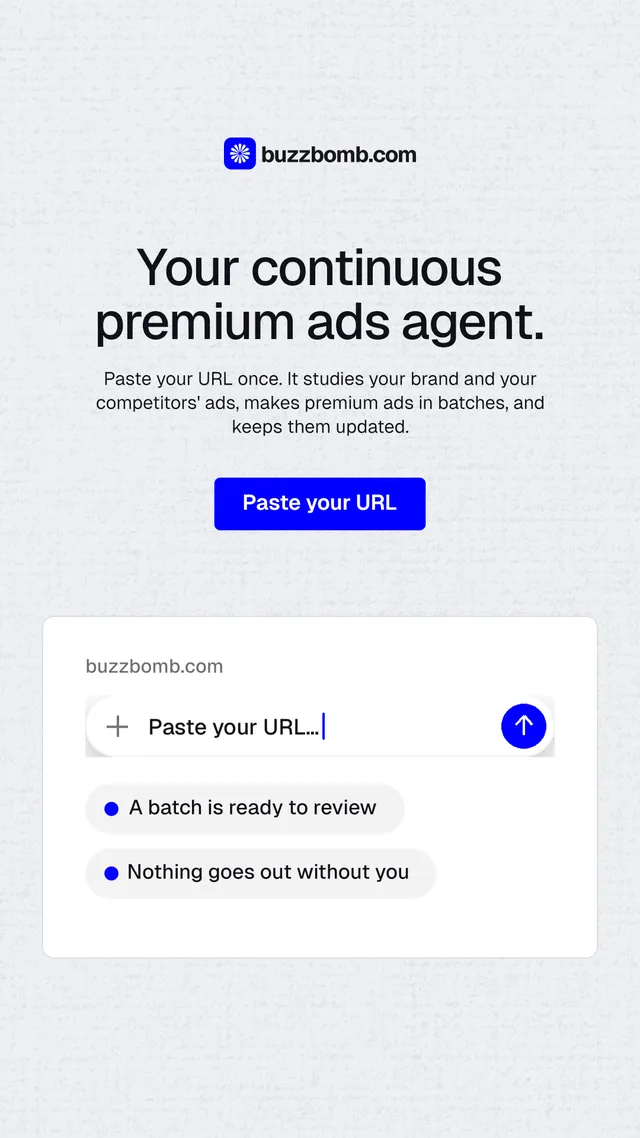 Instagram story for BuzzBomb: "Your continuous premium ads agent." Data card style, centred layout, light palette in white, blue.