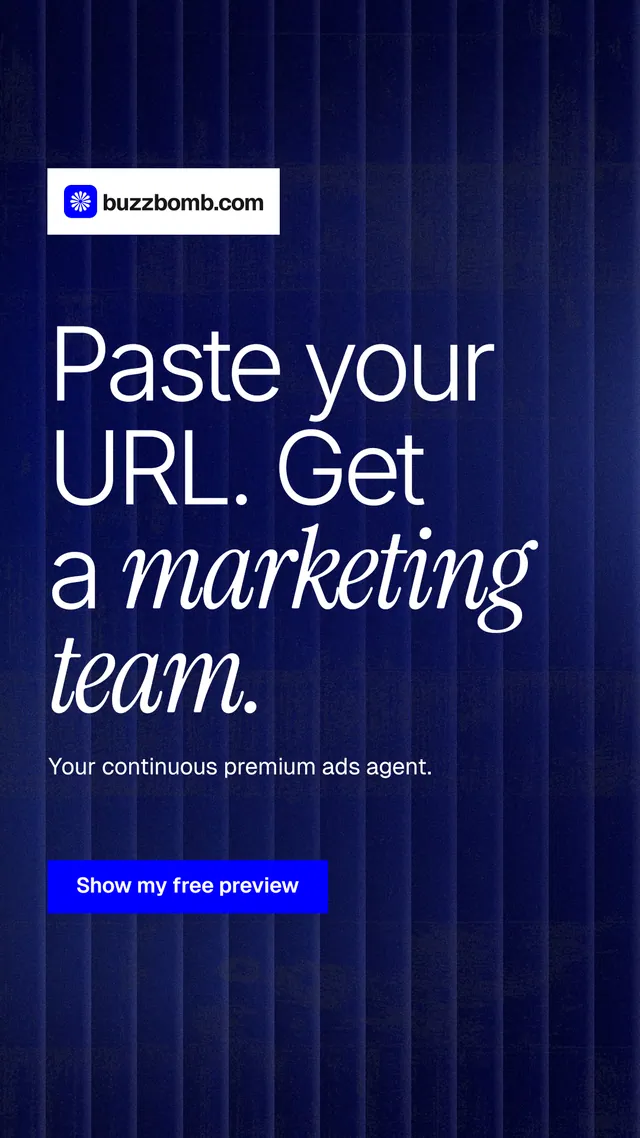 Instagram story for BuzzBomb: "Paste your URL. Get a marketing team." Swiss style, announce layout, dark palette in blue, grey.